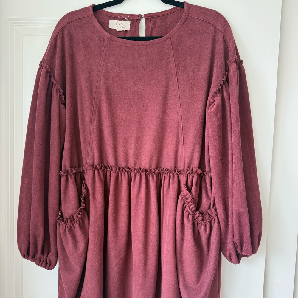 Boho Maroon Velvet Bishop Sleeve Flowy Short Dress with Pockets